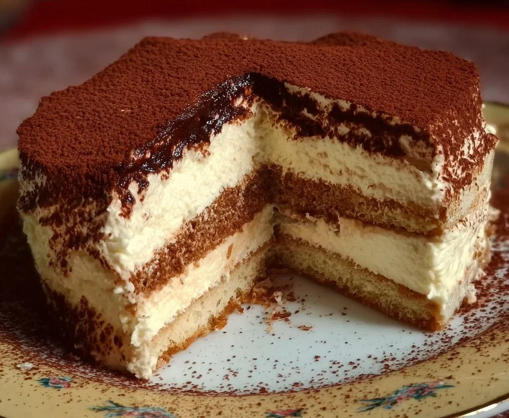 Torta Tiramisù decorata con cacao e caffè, dolce italiano tradizionale.