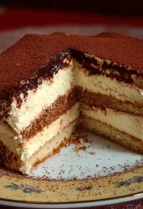Torta Tiramisù decorata con cacao e caffè, dolce italiano tradizionale.