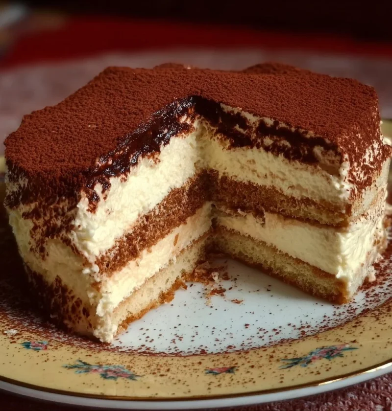 Torta Tiramisù decorata con cacao e caffè, dolce italiano tradizionale.