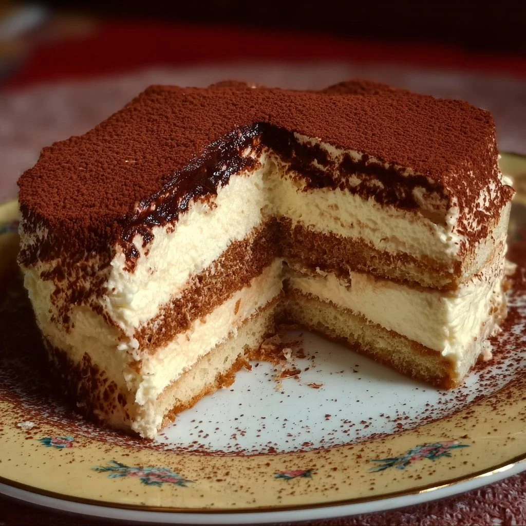 Torta Tiramisù decorata con cacao e caffè, dolce italiano tradizionale.