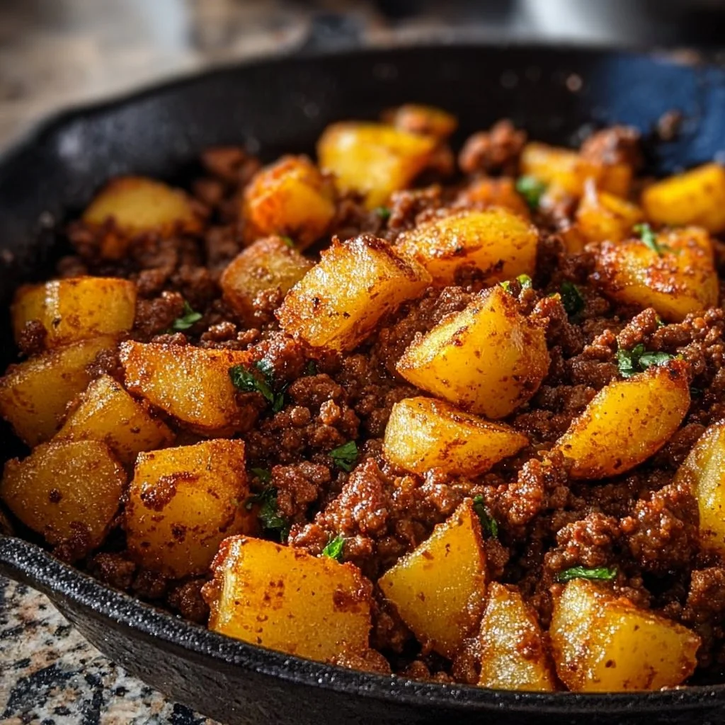 Piatto di carne macinata e patate dorate servito in un piatto.