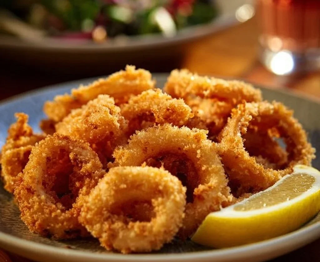 Anelli di calamari fritti croccanti serviti con salsa
