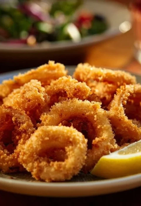 Anelli di calamari fritti croccanti serviti con salsa