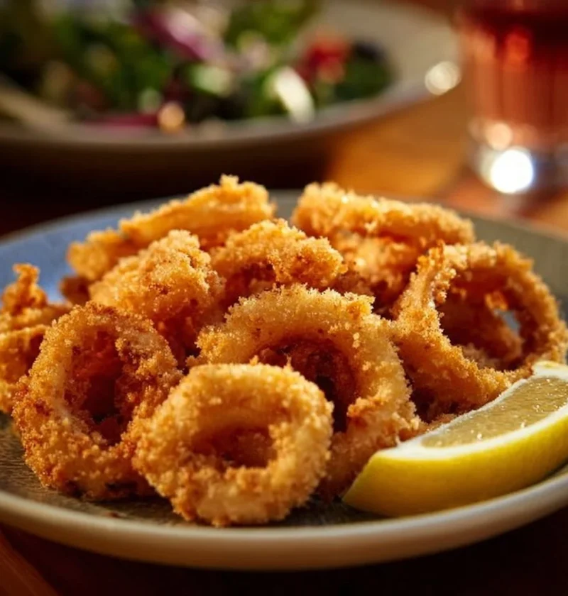 Anelli di calamari fritti croccanti serviti con salsa