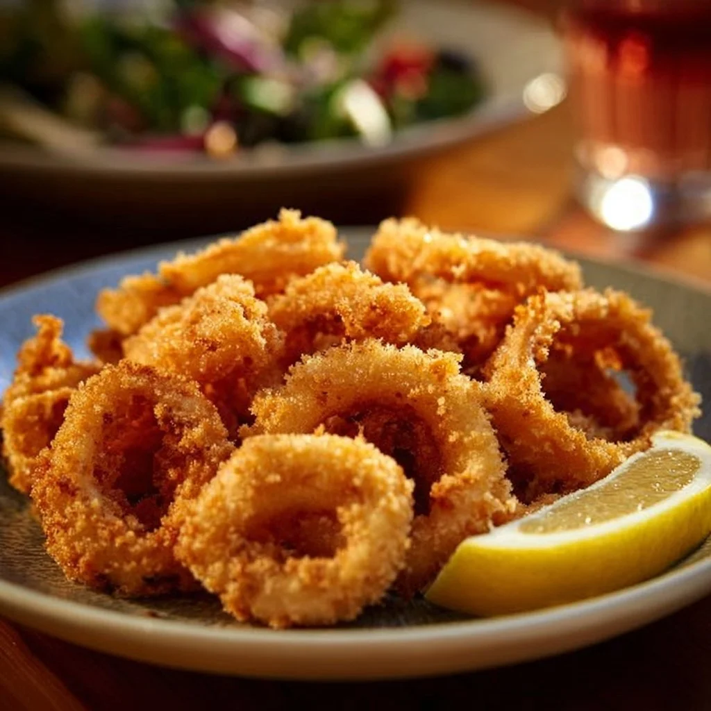 Anelli di calamari fritti croccanti serviti con salsa