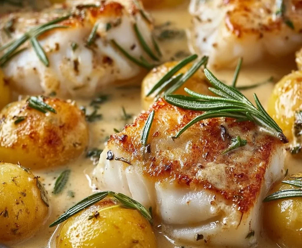Ricette di baccalà al forno con salsa di rosmarino e contorno di patate.