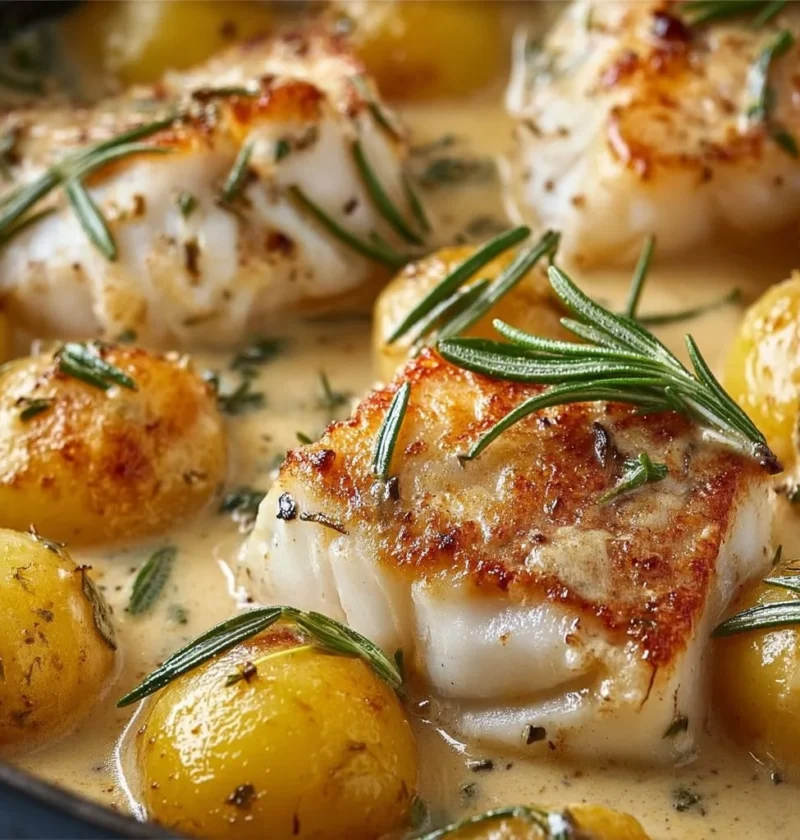 Ricette di baccalà al forno con salsa di rosmarino e contorno di patate.