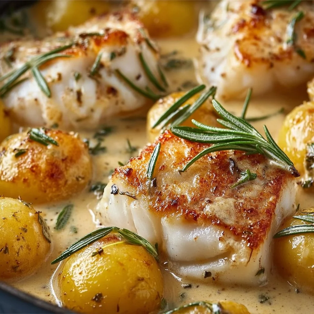 Ricette di baccalà al forno con salsa di rosmarino e contorno di patate.