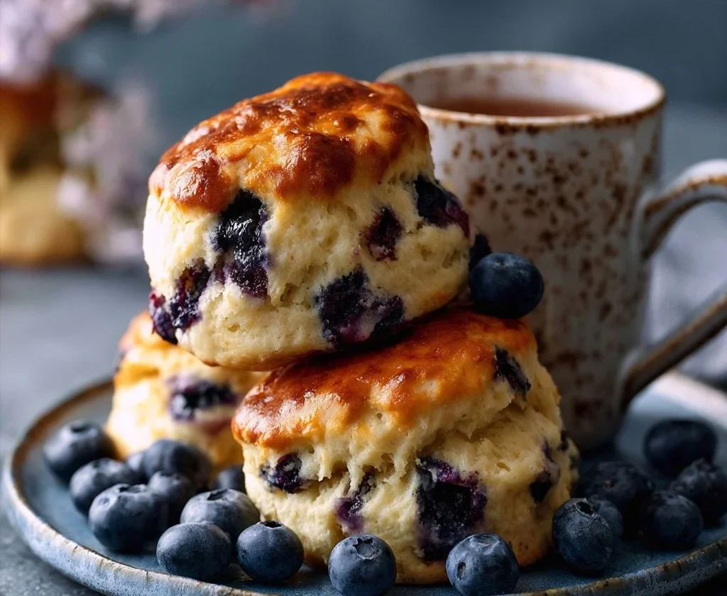 Scones ai mirtilli e miele serviti in un cestino di pasticceria