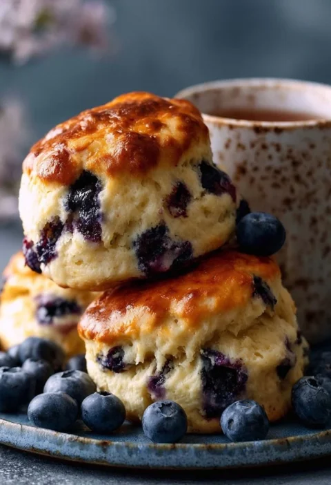 Scones ai mirtilli e miele serviti in un cestino di pasticceria