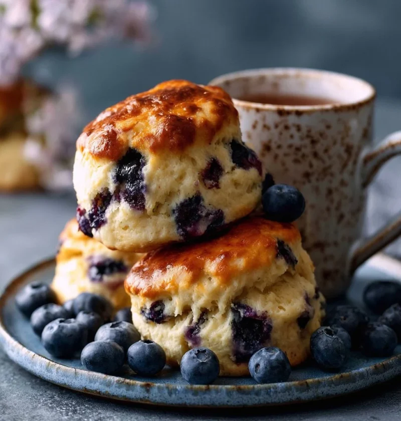 Scones ai mirtilli e miele serviti in un cestino di pasticceria