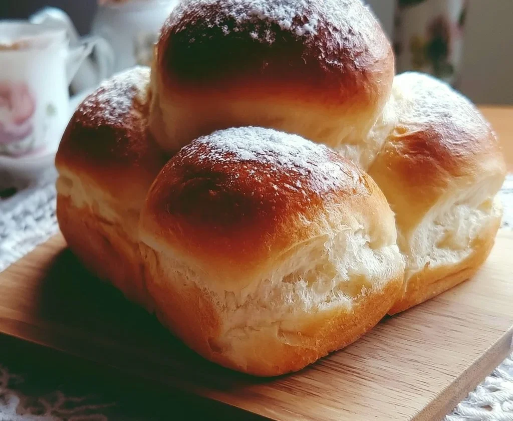 Brioche Nuvole di Paradiso, dolce soffice e invitante, decorato con zucchero a velo.