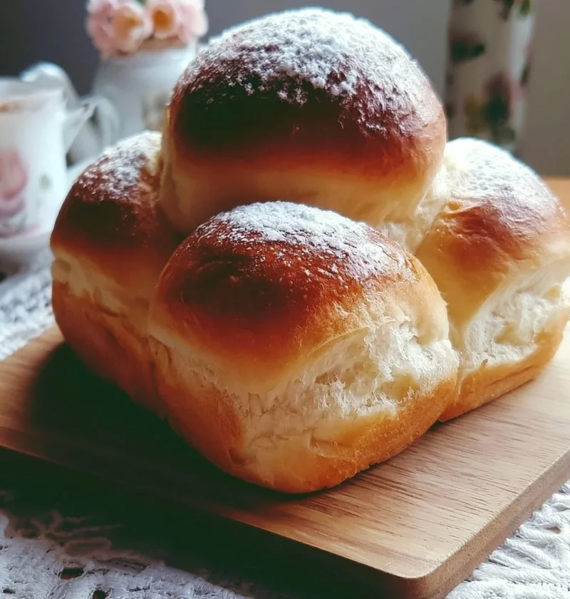 Brioche Nuvole di Paradiso, dolce soffice e invitante, decorato con zucchero a velo.