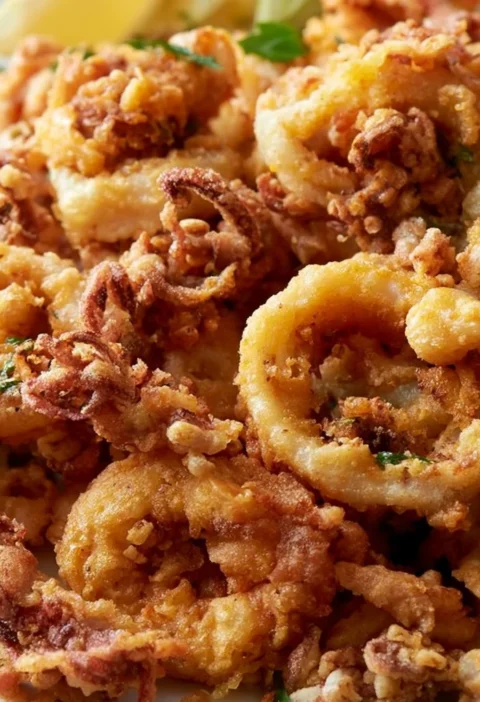 Calamari fritti croccanti serviti con limone e salsa per antipasti