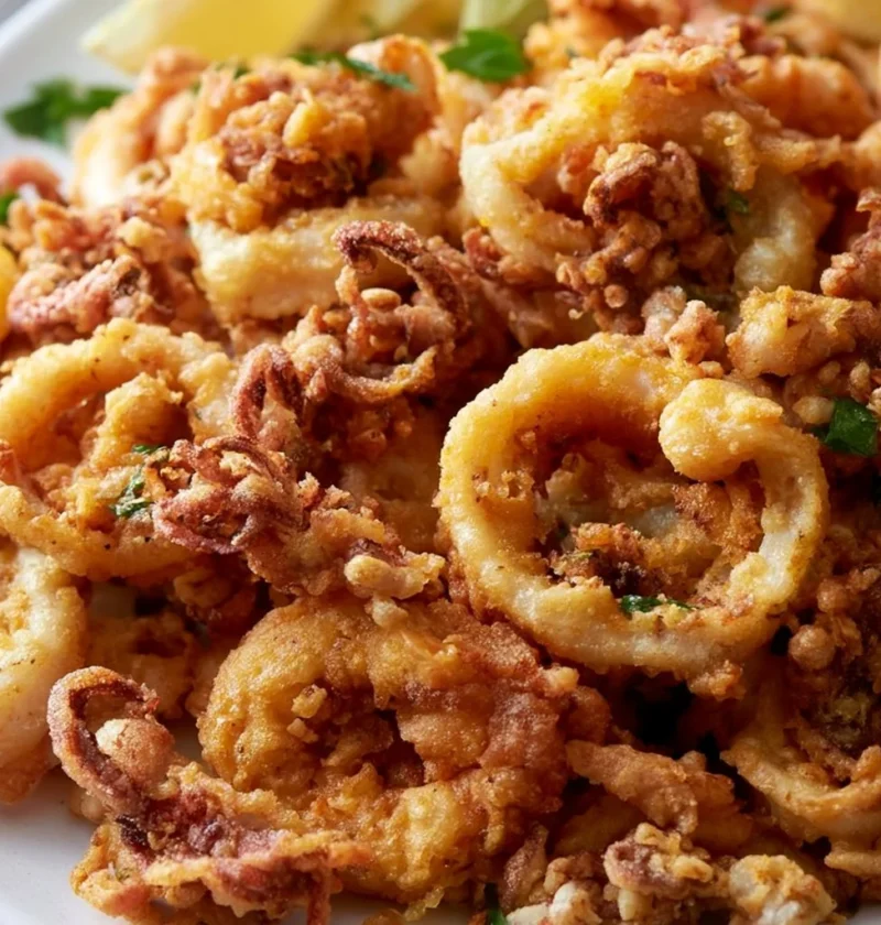 Calamari fritti croccanti serviti con limone e salsa per antipasti