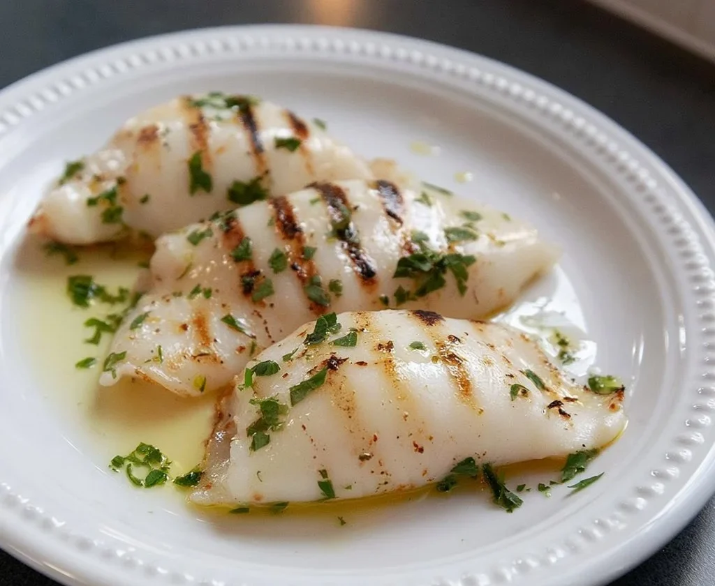 Calamari grigliati su un piatto con contorni freschi