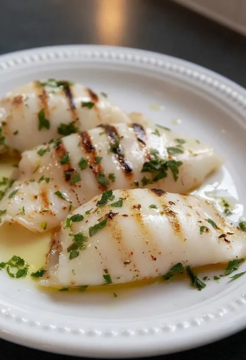 Calamari grigliati su un piatto con contorni freschi