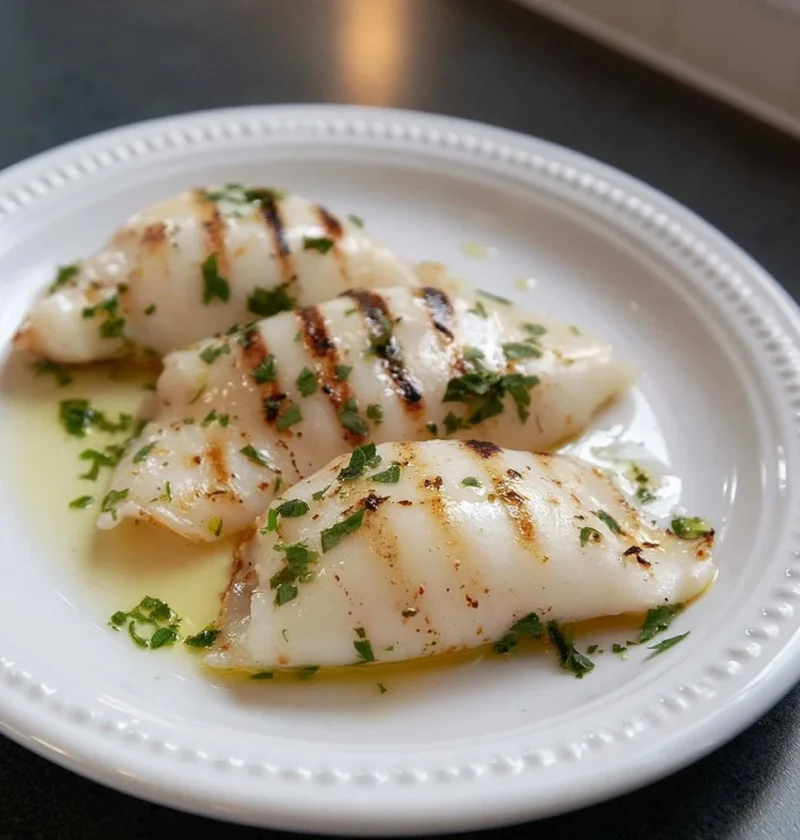 Calamari grigliati su un piatto con contorni freschi