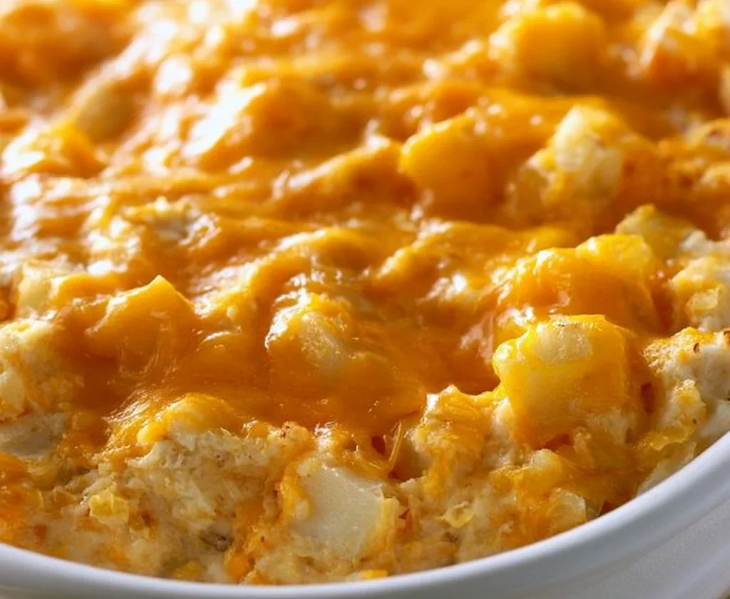 Casseruola di hashbrown formaggiosi con formaggio filante e croccante.