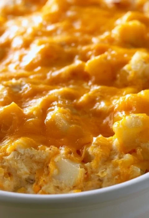 Casseruola di hashbrown formaggiosi con formaggio filante e croccante.