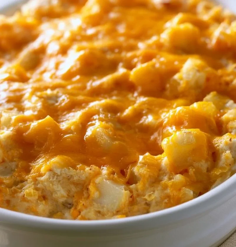 Casseruola di hashbrown formaggiosi con formaggio filante e croccante.