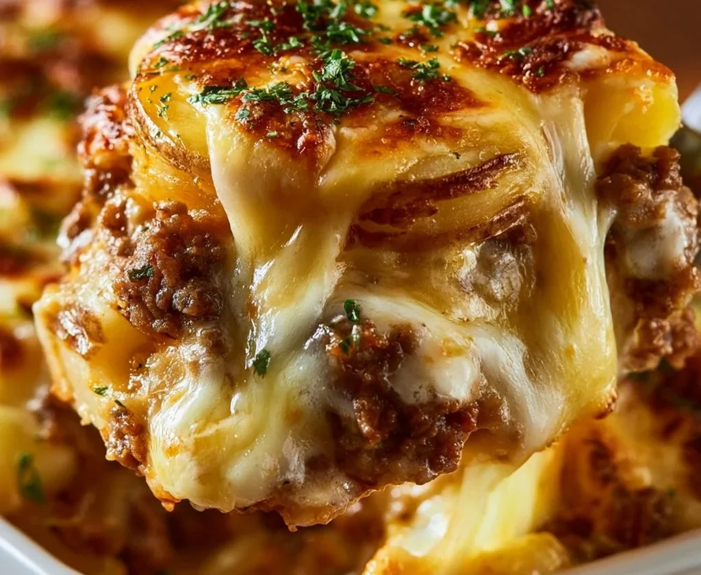 Casseruola di patate con hamburger e formaggio, piatto ricco e saporito