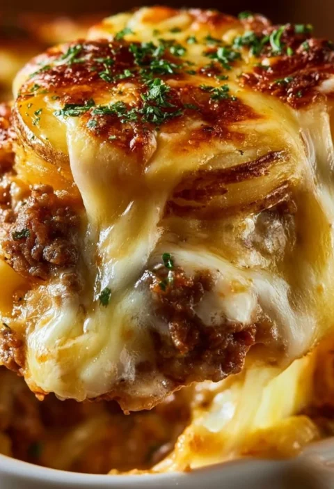 Casseruola di patate con hamburger e formaggio, piatto ricco e saporito
