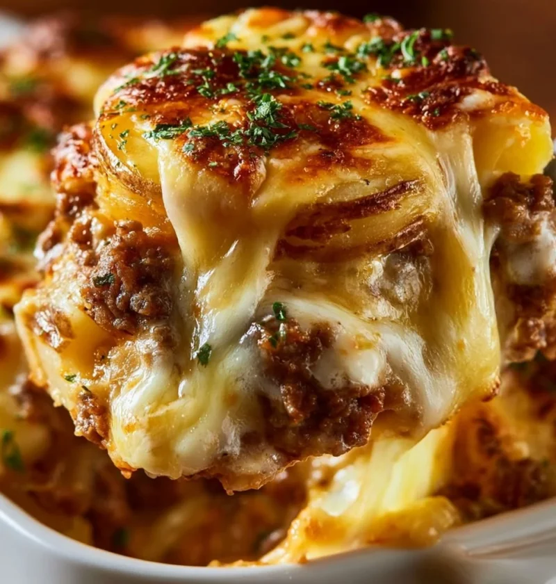 Casseruola di patate con hamburger e formaggio, piatto ricco e saporito