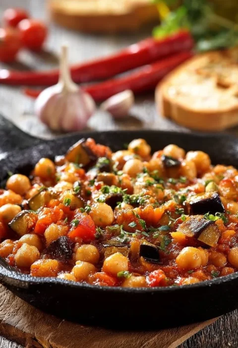 Melanzane in padella con ceci e sugo piccante, piatto delizioso e semplice