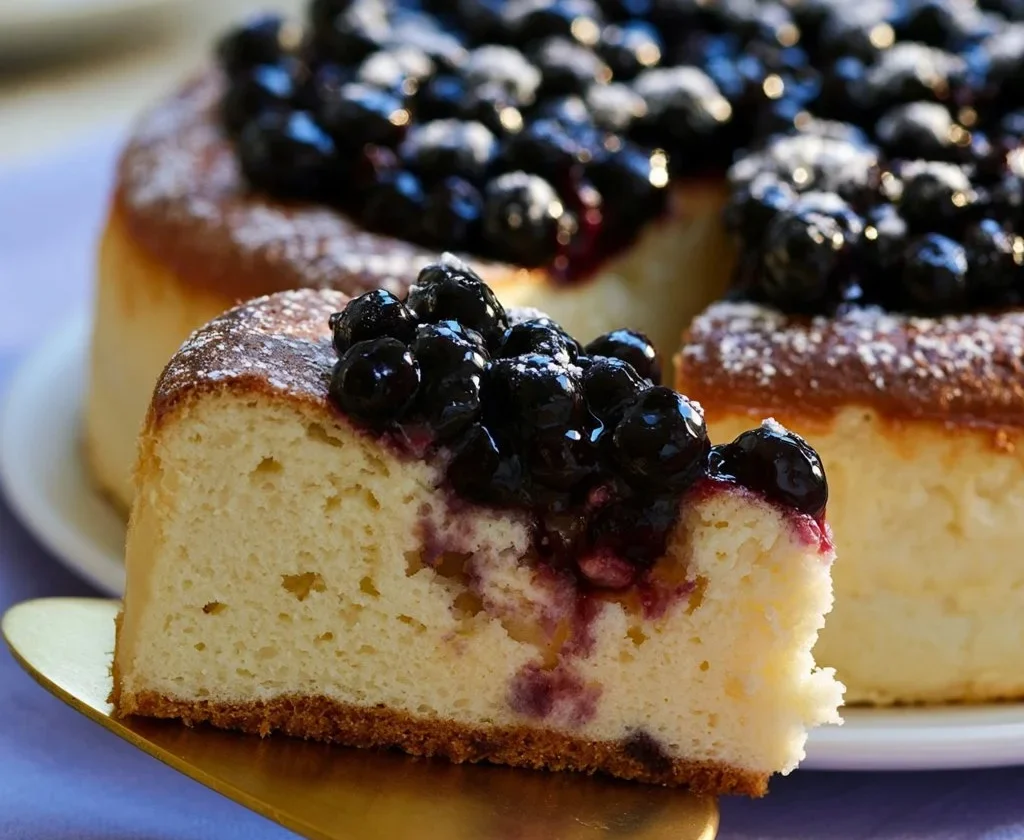 Fetta di cheesecake ai mirtilli con decorazioni di mirtilli freschi