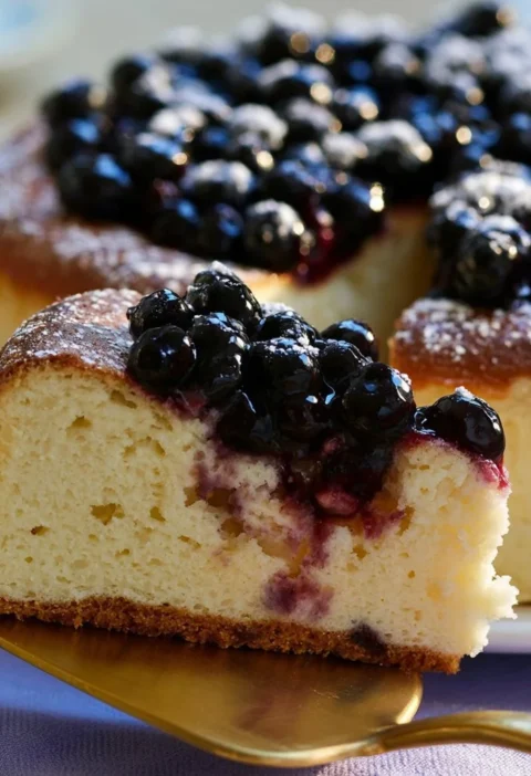 Fetta di cheesecake ai mirtilli con decorazioni di mirtilli freschi