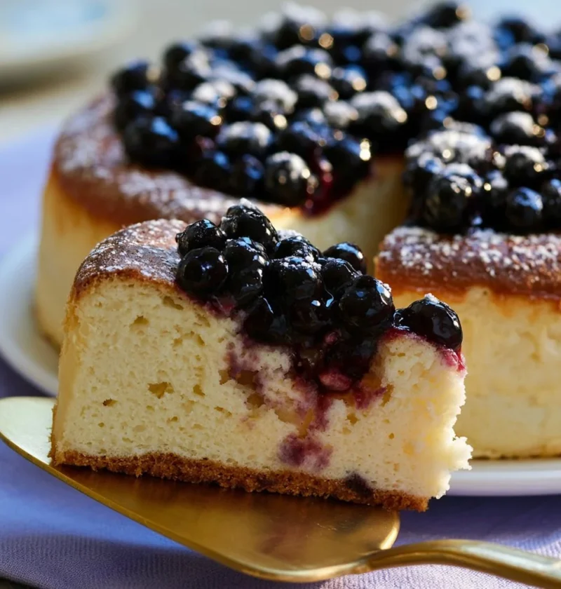 Fetta di cheesecake ai mirtilli con decorazioni di mirtilli freschi