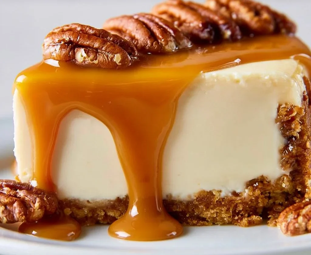 Cheesecake al caramello salato decorata con salsa di caramello