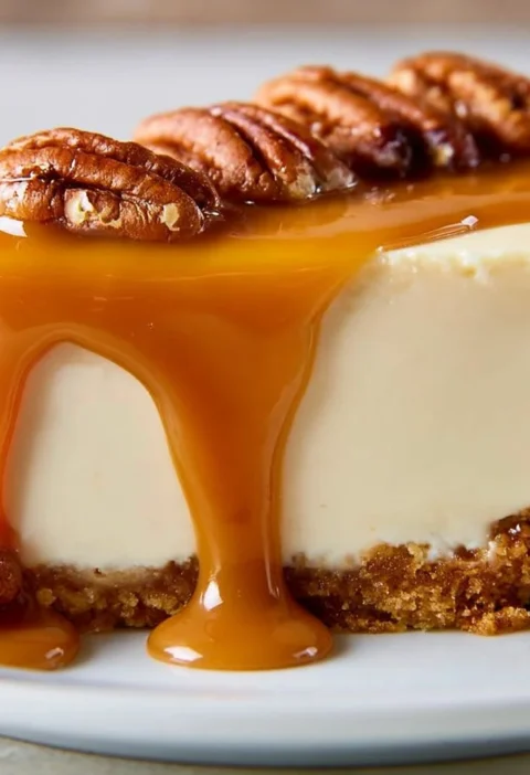 Cheesecake al caramello salato decorata con salsa di caramello