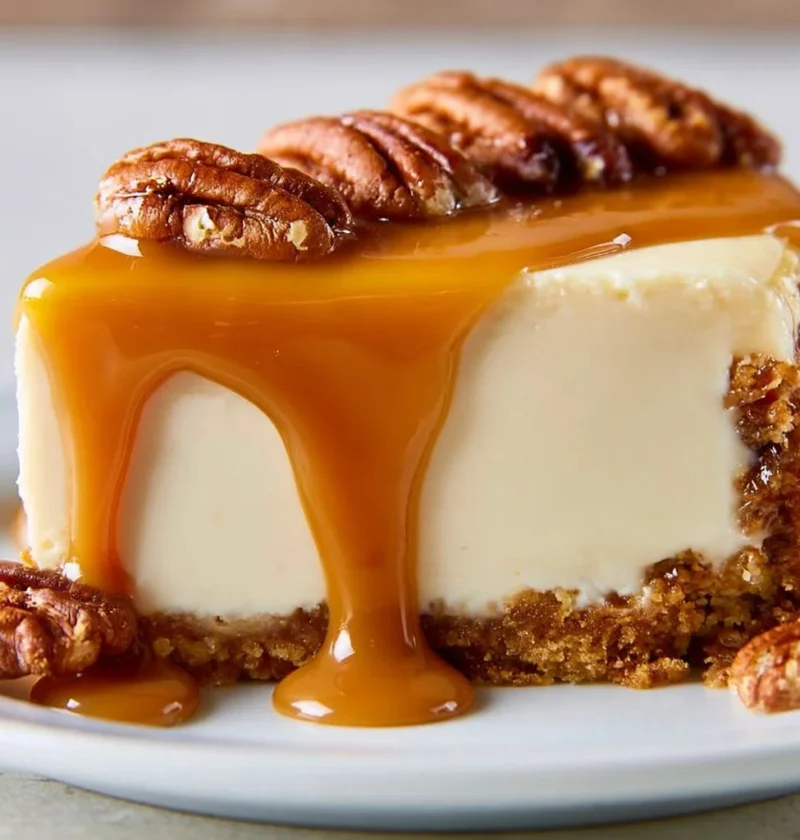 Cheesecake al caramello salato decorata con salsa di caramello