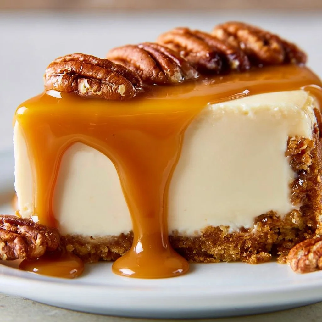 Cheesecake al caramello salato decorata con salsa di caramello