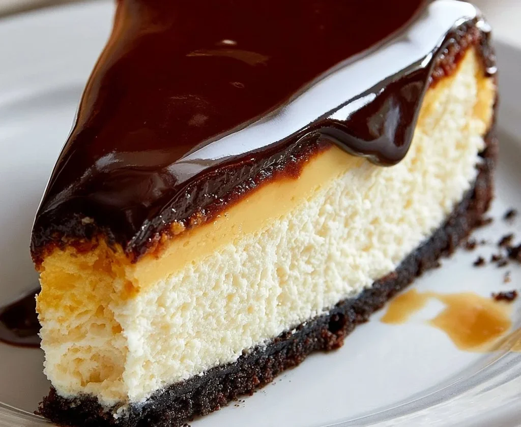 Cheesecake al cioccolato con decorazione di cioccolato fondente e fragole.