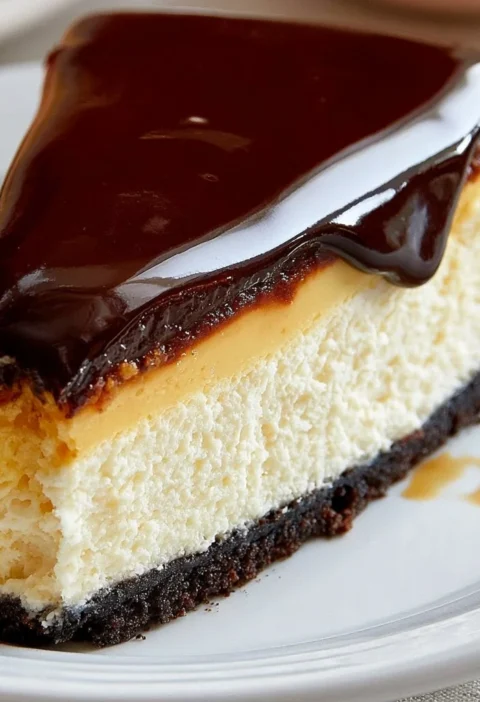 Cheesecake al cioccolato con decorazione di cioccolato fondente e fragole.
