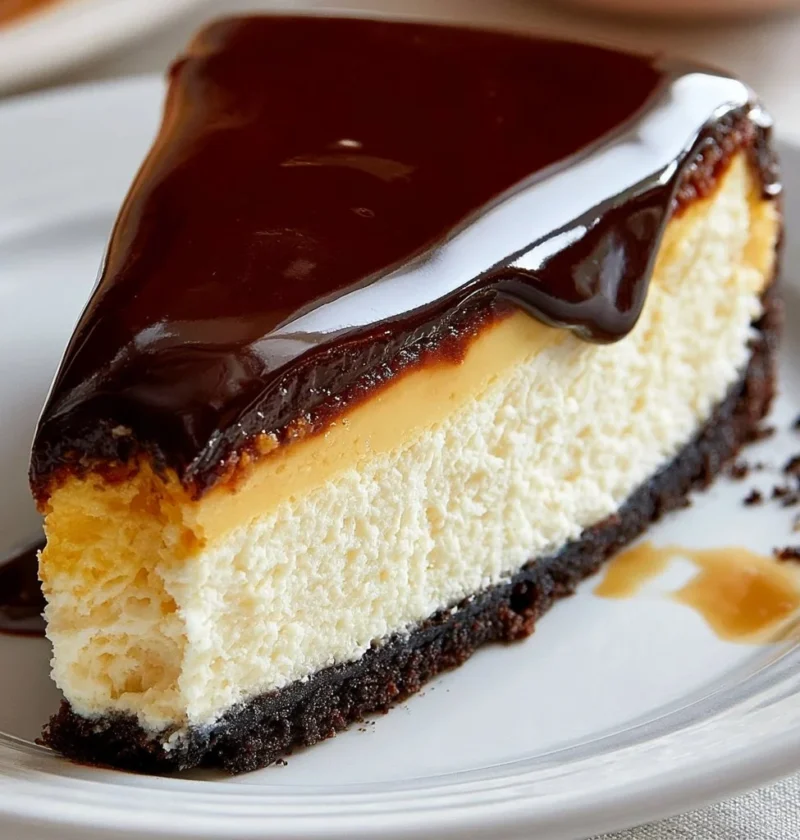 Cheesecake al cioccolato con decorazione di cioccolato fondente e fragole.