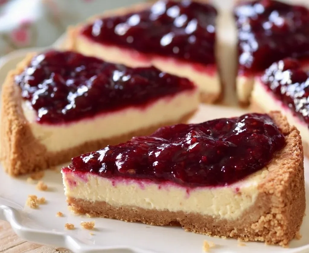 Cheesecake Classica con Salsa ai Frutti di Bosco su un piatto decorato