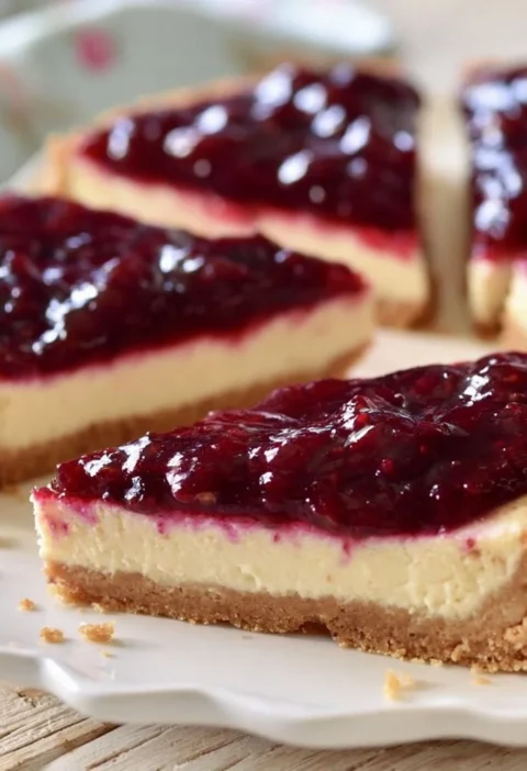 Cheesecake Classica con Salsa ai Frutti di Bosco su un piatto decorato