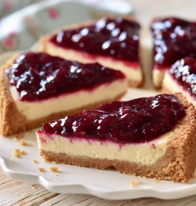 Cheesecake Classica con Salsa ai Frutti di Bosco su un piatto decorato