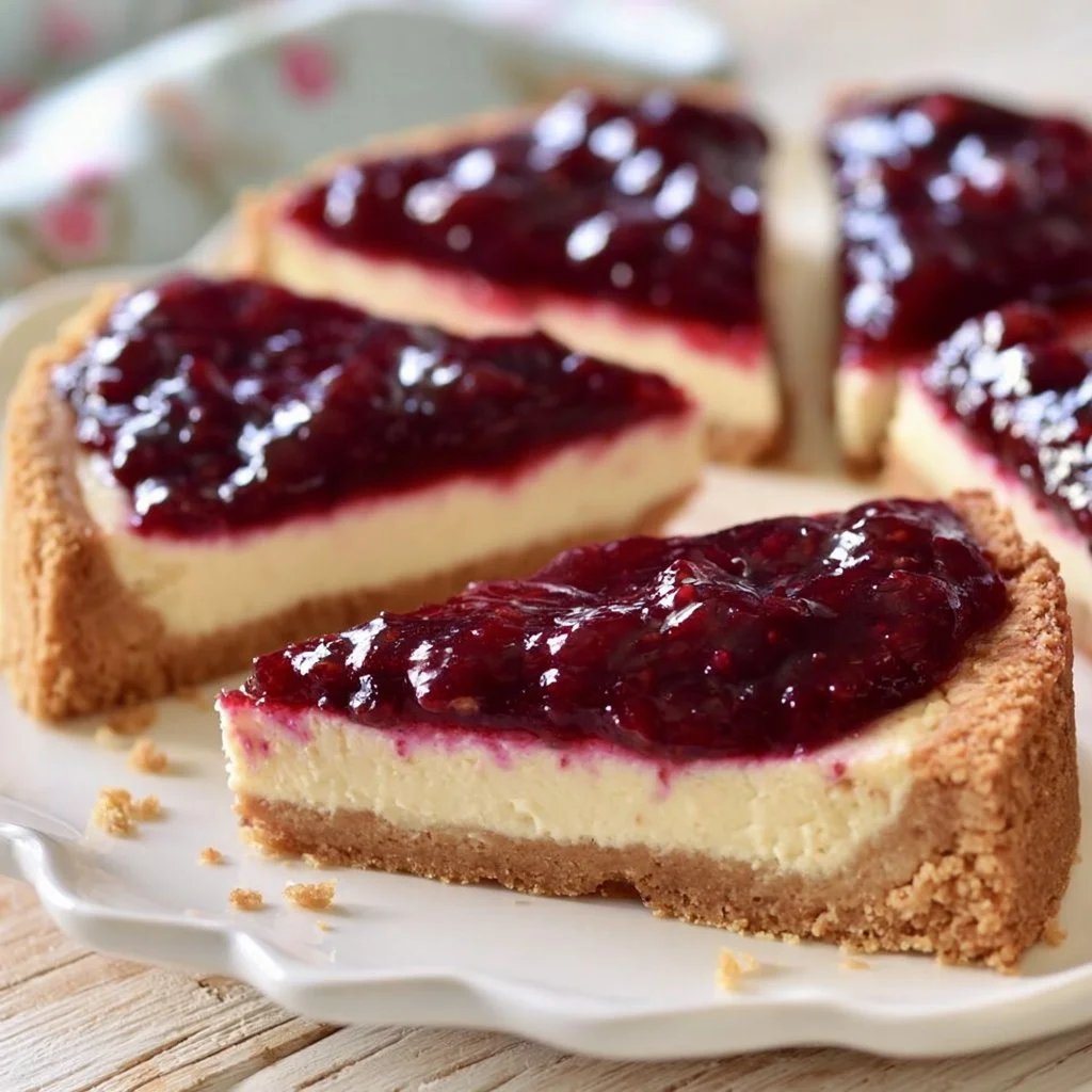 Cheesecake Classica con Salsa ai Frutti di Bosco su un piatto decorato