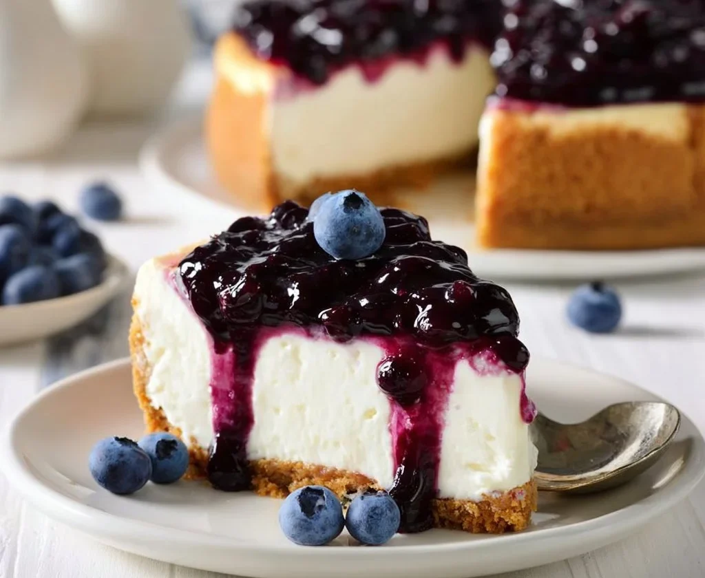 Cheesecake con topping cremoso ai mirtilli su un piatto decorato