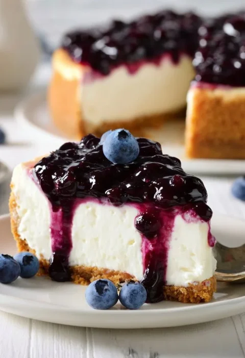 Cheesecake con topping cremoso ai mirtilli su un piatto decorato