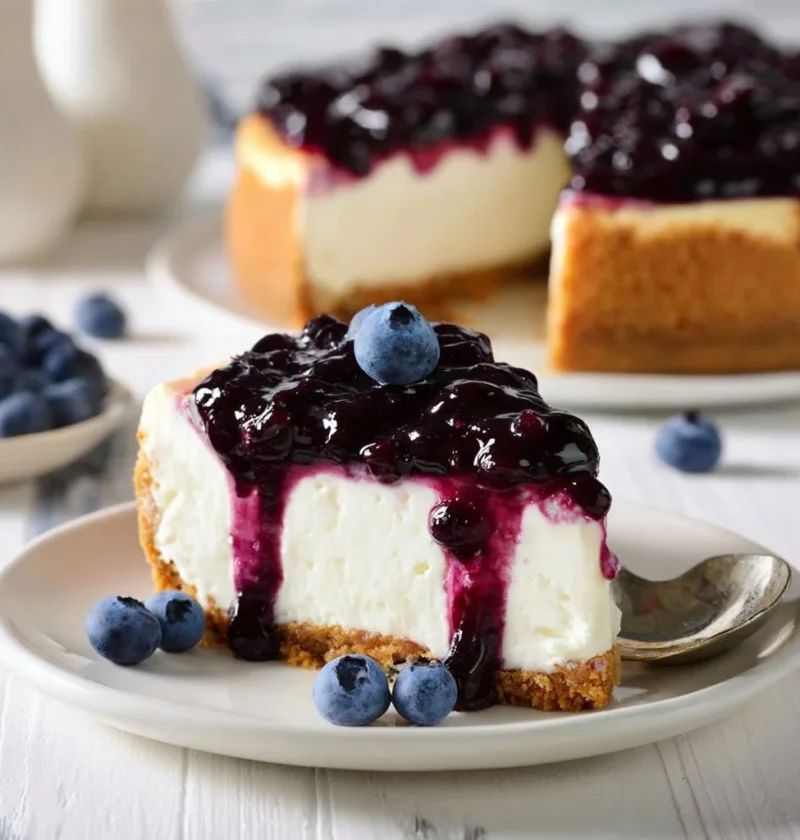 Cheesecake con topping cremoso ai mirtilli su un piatto decorato
