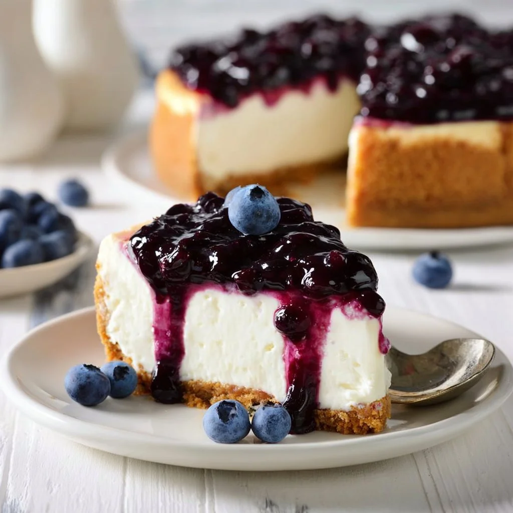 Cheesecake con topping cremoso ai mirtilli su un piatto decorato