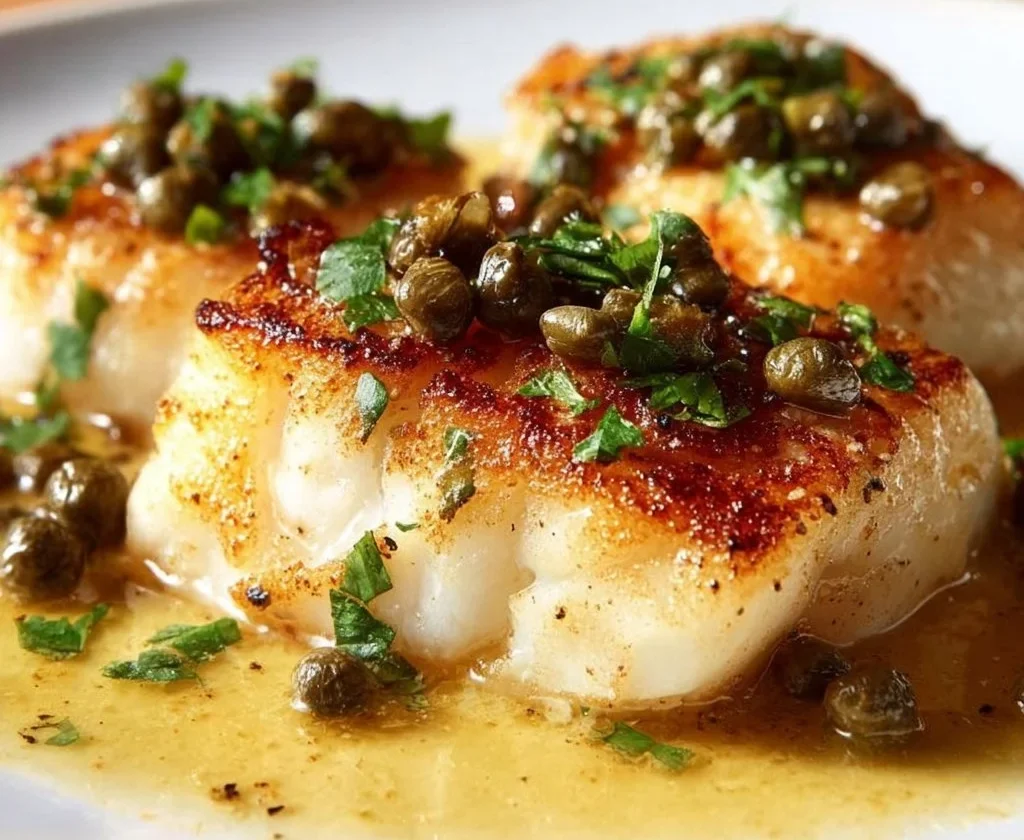 Cod Piccata: filetto di merluzzo servito con salsa di limone e capperi.