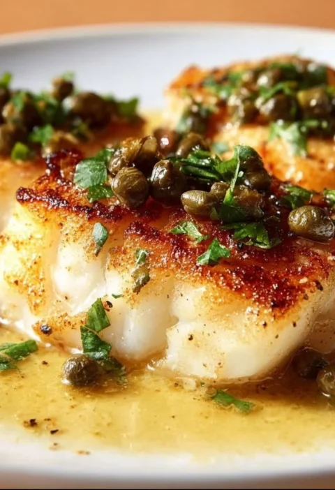 Cod Piccata: filetto di merluzzo servito con salsa di limone e capperi.