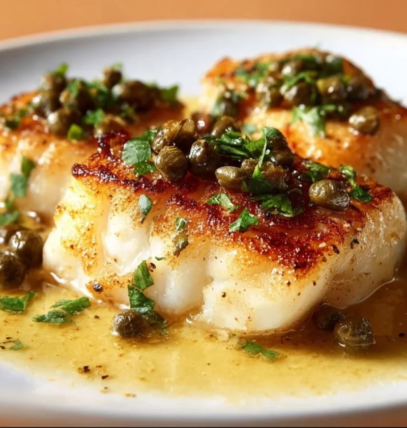 Cod Piccata: filetto di merluzzo servito con salsa di limone e capperi.